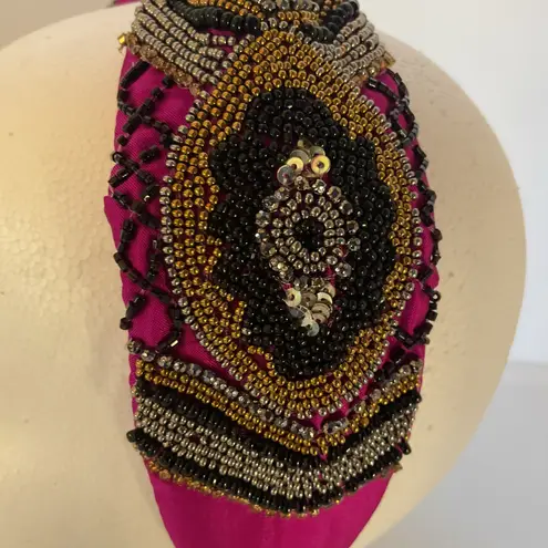 Mexican Beaded Padded Headband Fuchsia Turban Style Boho Embroidered Accessory Black