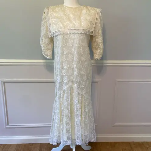 Gunne Sax Jessica McClintock Drop Waist Dress Lace Overlay Prairie Bridal Size 8