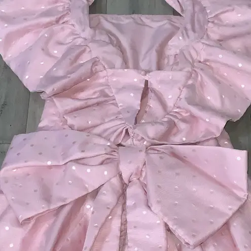 Handmade Cinderella Pink Chiffon Overlay Metallic Polka Dots Ruffle Off Shoulder Dress XS