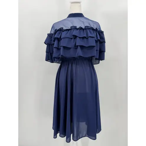 Vintage 80s Midi Party Dress Navy Blue Off Shoulder Layered Ruffles Sheer Yoke Size M