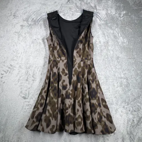 Karen Millen Dress Women 6 Black Green Leopard Cheetah Skater Fit & Flare Party
