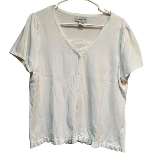 Sag Harbor Short Sleeve Faux Button Cardigan Top White Ruffle L