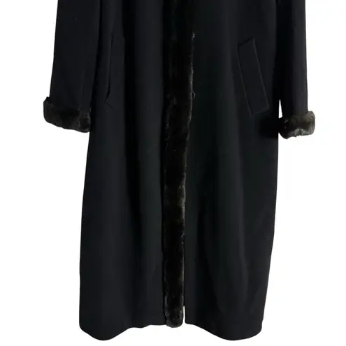 Ellen Tracy Black Faux Fur Trim Wool Blend Long Winter Coat Size 14