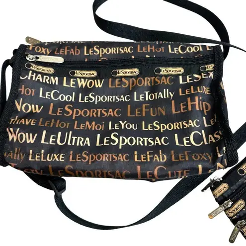 RARE Vintage Le Sportsac Black/Brown Logo Shoulder Bag & Zipper Pouch USA Made Brown