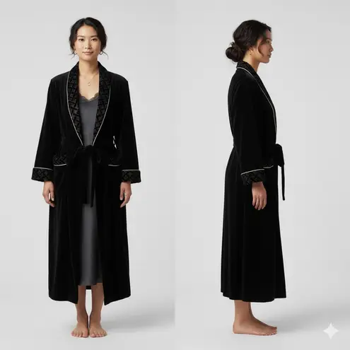 Jasmine Rose Signature Velvet Robe Large Black Gold Trim Long Lounge Womens