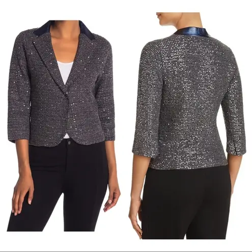 Elie Tahari Visna leather collar sweater blazer