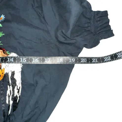 Stella Jean Rooster Floral Embroidered Short Sleeve Navy Collared Blouse 40 US S Blue