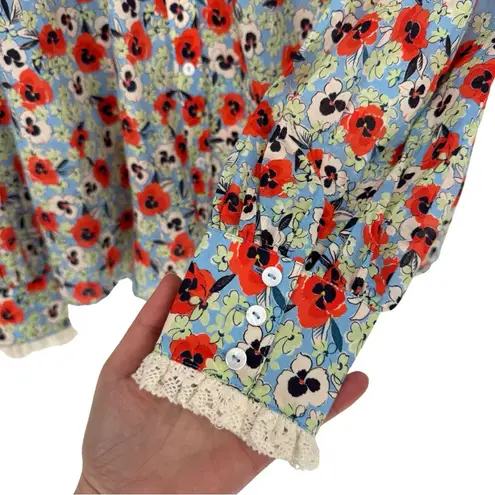 Rixo Small Misha Floral Print Cotton Blouse Blue Multicolor Peter Pan Collar