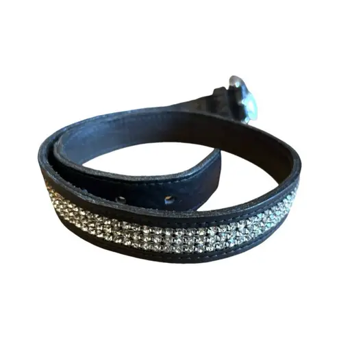 Vintage Italian Leather Belt Rhinestone Black Size XS Silver Buckle Boho Western
