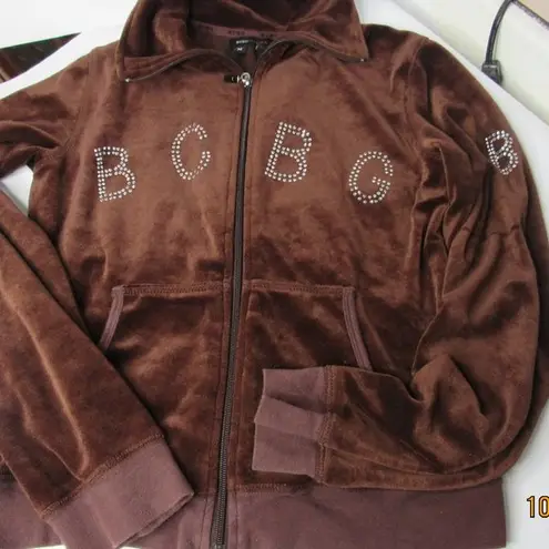 BCBG Maxazria Med Velour Track Jacket Brown Y2K Rhinestone Full Zip