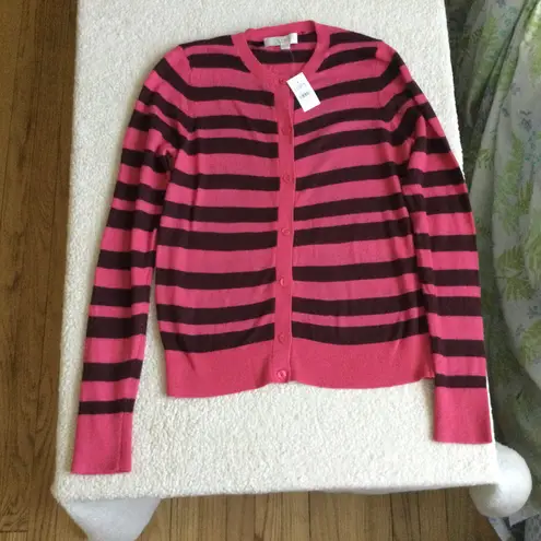 Loft NWT Ribbon Stripe Crewneck Cardigan Sweater Pink, Brown Rabbit Hair - Sz Medium