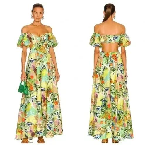 STAUD Coliseum Off-The-Shoulder Linen Tropical Print Dress Size 8