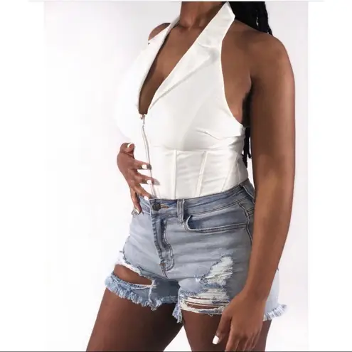 NWT Tea N Cup Bodysuit Womens L White Halter Sleeveless Zip Front Sexy Clubwear Size L