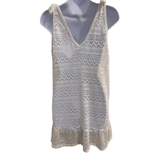 Miken Swim White Crochet Pattern V Neck Ruffled Hem Sleeveless Coverup Size L Size L