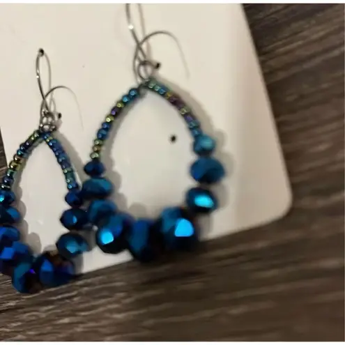 Metallic Blue Iridescent Beaded Hoop Fashion Earrings Glam Shiny Mermaidcore NEW