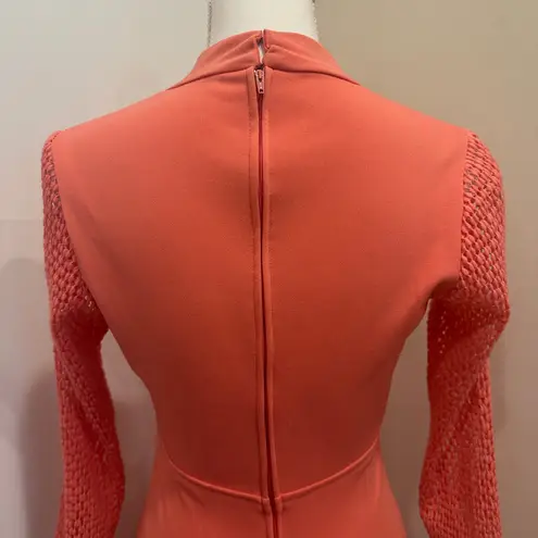 None VTG 70s Coral Long Crochet Sleeve Maxi Dress Victorian Edwardian Revival Size XS