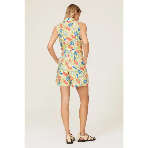 Rachel Antonoff Kitty Strawberry Fruit Print Sleeveless Collared Linen Romper 0 Yellow
