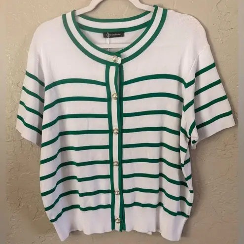 Pretty Garden Striped Short Sleeve Cardigan Sweater Green White Pearl Buttons L Size L