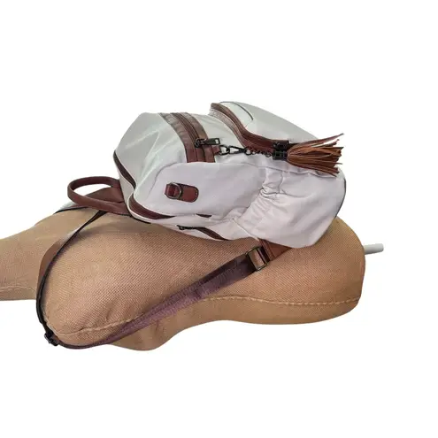 Convertible Backpack Shoulder Bag Satchel Purse White Brown Vegan Leather