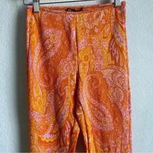 ZARA  Orange Pink Paisley Retro‎ Hippie Flare Elastic Waist Pants Size S-NWT