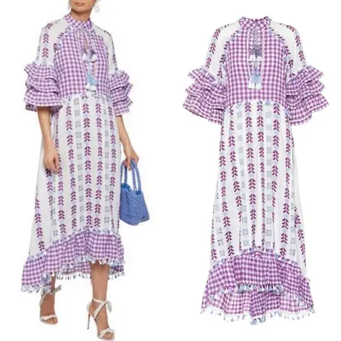 The Bar DODO OR Gingham Broderie Anglaise Cotton Gauze Purple Tassel Midi Dress Sz S