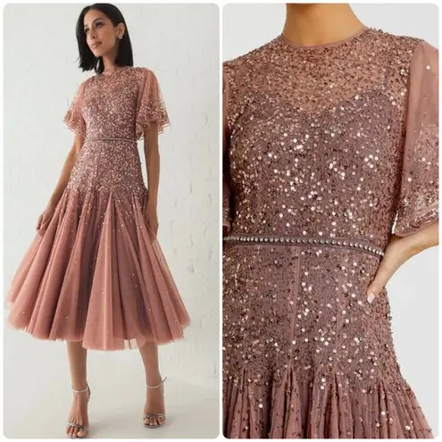 Mac Duggal  Pink Cape Sleeve Beaded Tea Length Drop Waist Dress size 6 C9 thumbnail 2