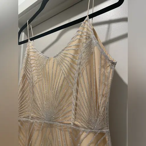 Beige Cream & Silver Glittery Art Deco Patterned Overlay Sleeveless Dress