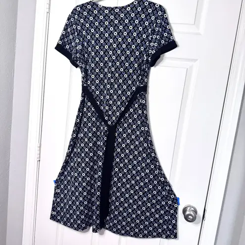 Christopher & Banks Size L Black & Blue Floral Print Faux Wrap Dress with Tie