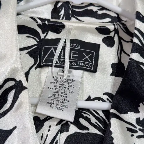Alex Evenings Women's White Black Floral Bow Shawl Collar Satin Blouse Size SP