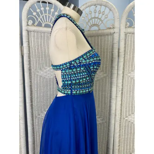 Rachel Allen Rachel Allan Royal Blue Beaded Prom Gown Cutout Back Formal Dress Size 8