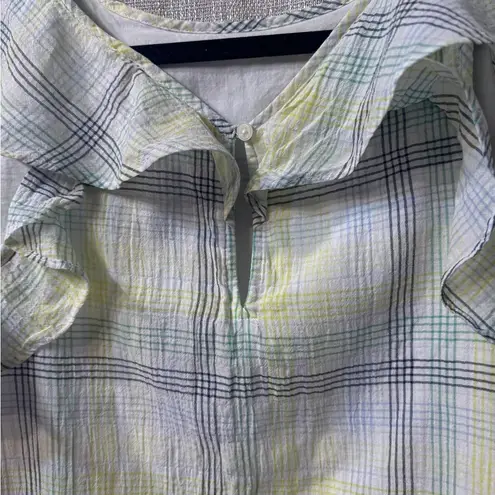 Loft NWOT  Plaid Crinkle Ruffle Double V Top Size Large