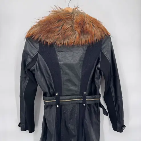 River Island Moto Jacket Womens 6 Black Faux Leather Faux Fur Trim Belt Pockets