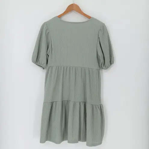 Crystal Doll Sage Green Tiered Mini Dress Cottage Peasant Boho Puff Sleeve Textured Size M