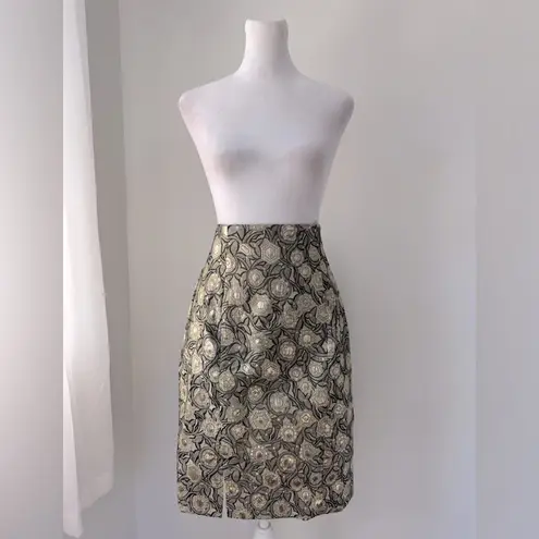 Vintage ‘80s Lilian Fell pour Prognostic Black & Gold Baroque Print Skirt Suit Size M