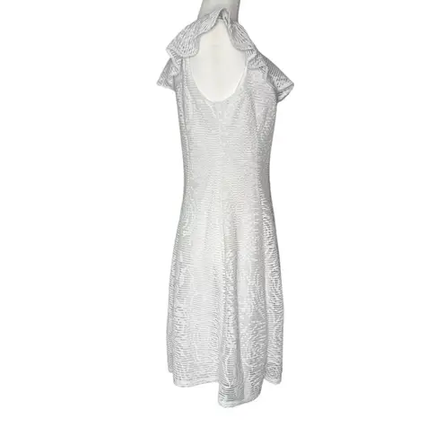 Sandra Darren 10 Lace Ruffle Dress White Textured Sleeveless Stretch Knee Length