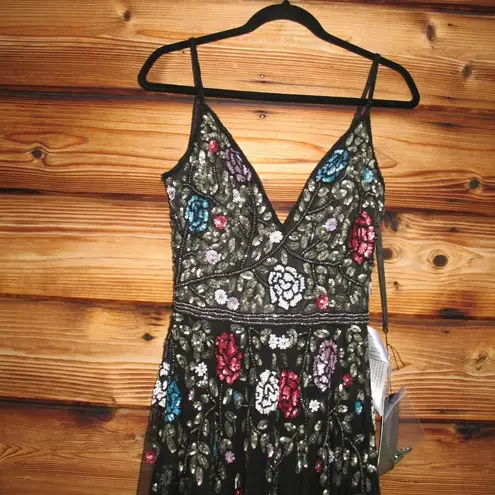 Mac Duggal NWT Embellished Floral Sequin Gown Dress Black Multi 5400