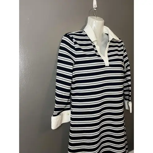 Brooks Brothers Dress Womens Medium Navy White Stripe Knit Shirt 3/4 Sleeve