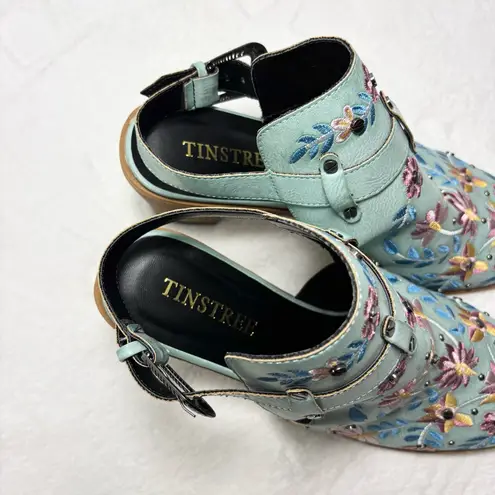 Boho Embroidered Booties Blue Vegan Chunky Block Heel Buckle Slingback Boots 11