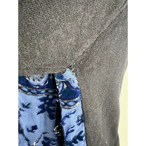 Hale Bob Women Blue Silk Black Knit Top Blue Floral Sheer Beaded Front Size Med