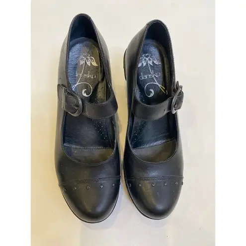 Dansko Black Mary Jane Wedge Heels EUC Sz EU 36 US 6 Strap Buckle Studs Leather