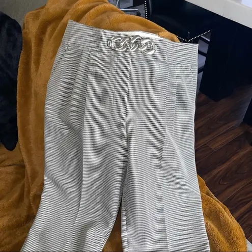 Alexander Wang Chain Embellished Houndstooth Wool Blend Straight Leg Pants