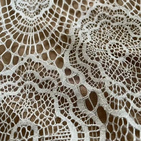 Luxxel  White Crochet Lace Nude Mesh Sheath Dress Long Sleeves XS