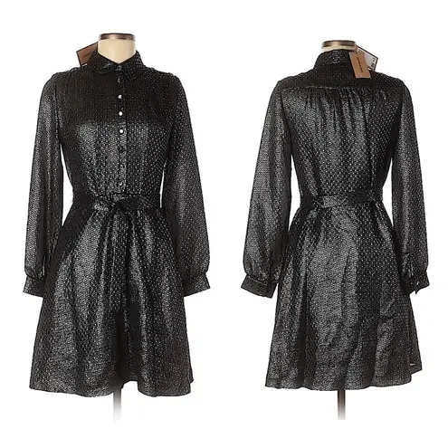 NEW Vanessa Seward Silk Gunmetal Silver Metallic Robe Cherry Belted Dress Small