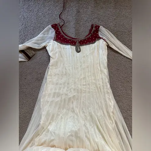 Silk, net, and velvet embellished anarkali three piece designer dress Red