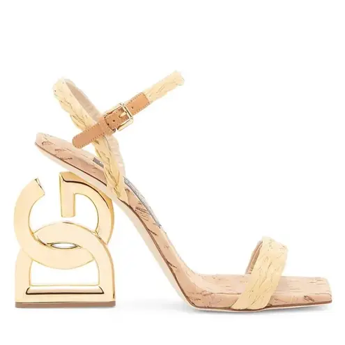 Dolce & Gabbana Logo Heel Ankle Strap Sandals in Gold Tan, New in Box
