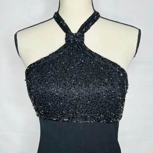 Cache  Silk Gown Dress Women's Size 8 Black Beaded Halter Neck Vintage