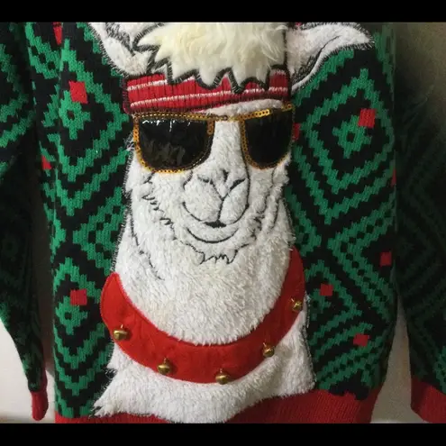 Jolly Shop Red/Green Fugly Christmas Sweater. Llama with Sunglasses Sz M Size M