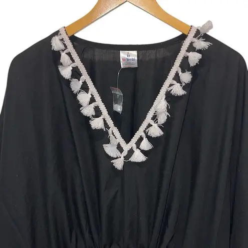 La Leela Womens Kimono Blouse Pom Pom Cover Up Swimwear Black One Size NWT