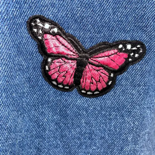 Minga London Butterfly Embroidered High Waist Straight Leg Jeans Y2K 32 US 8 Blue