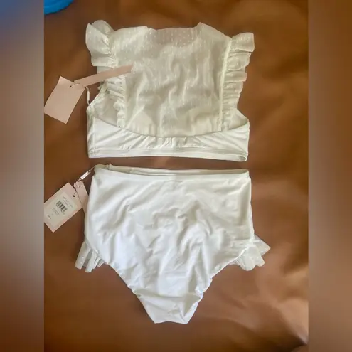 Avec Les Filles NWT Mesh Ruffle White Bikini Set sz L white polkadot mesh